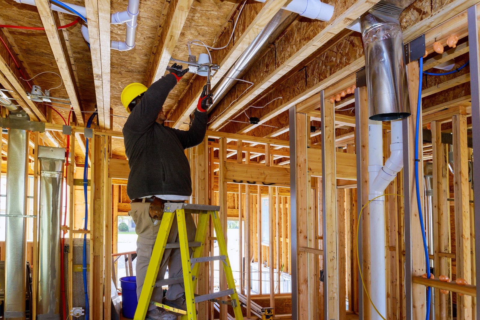 The electrician nailing to the ceiling lamp, installs the lighting lamp in the laying ceiling
